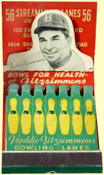 Brooklyn Dodgers Freddie Fitzsimmons Bowling Lanes Matchbook Cover