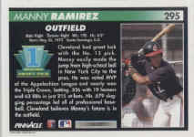 Back of 1992 Pinnacle Card number 295 Manny Ramirez RC