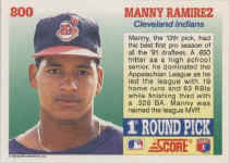 Back of 1992 Score Card number 800 Manny Ramirez RC