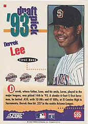 Back of 1994 Score Card number 585 Derrek Lee RC