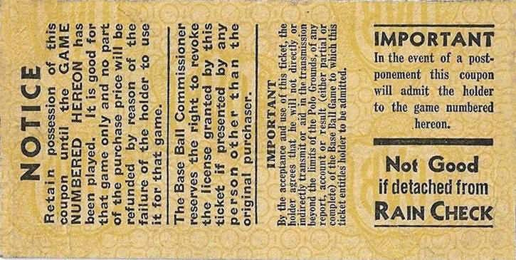 1936 World Series Polo Grounds Ticket Stub Back