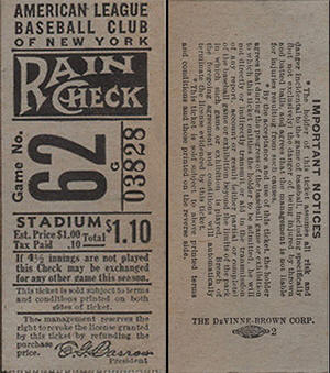 1939 Yankees Grandstand Rain Check Ticket Stub