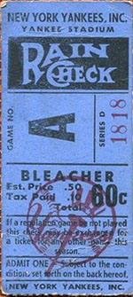 1951 Yankees Game No. A Bleachers ticket stub
