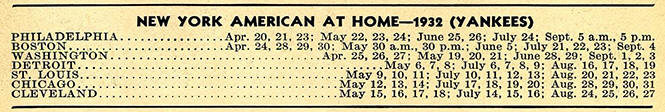 1932 Yankees Home Game Schedule